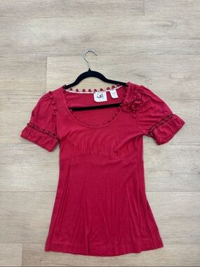 Anthropologie Red Short Sleeve Scoop Neck Blouse with Flower Detail